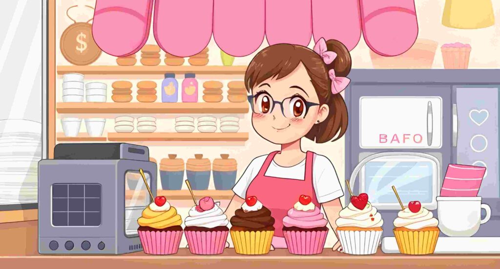 girl selling cupcakes, small business owner,